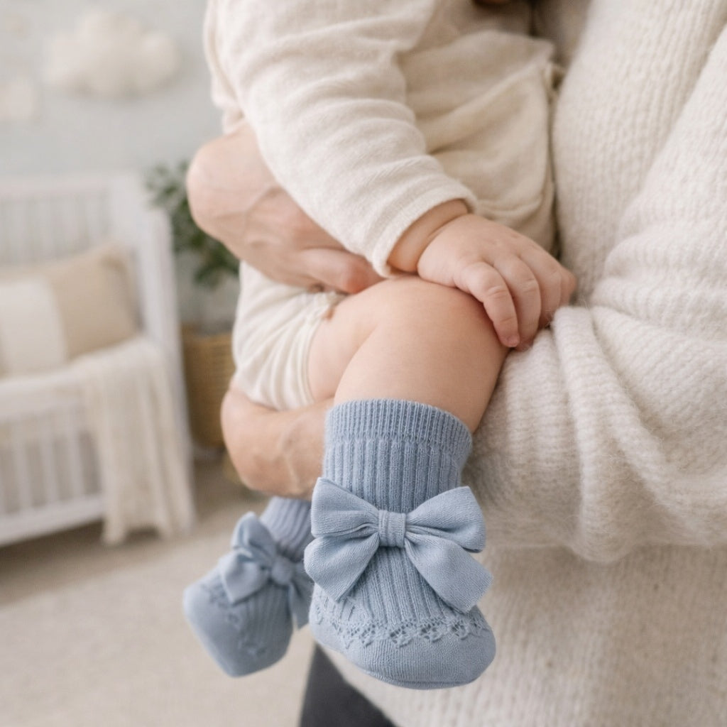 New Baby Gift Box – New Mom Gift Box - Baby Boy Gift Box featuring cute blue booties on a baby.