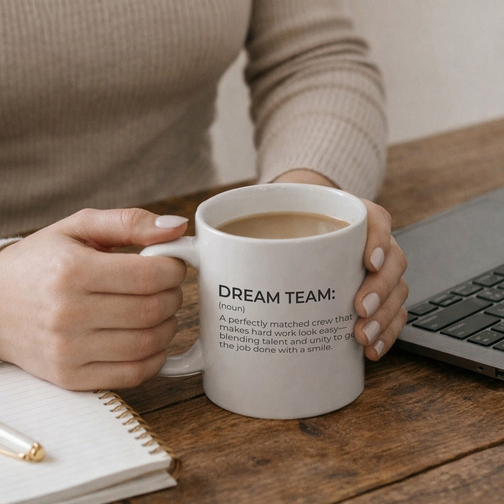 Welcome to the Team Gift Box | Candle + Dream Team Mug featuring a mug defining "Dream Team" in a cozy office setting.