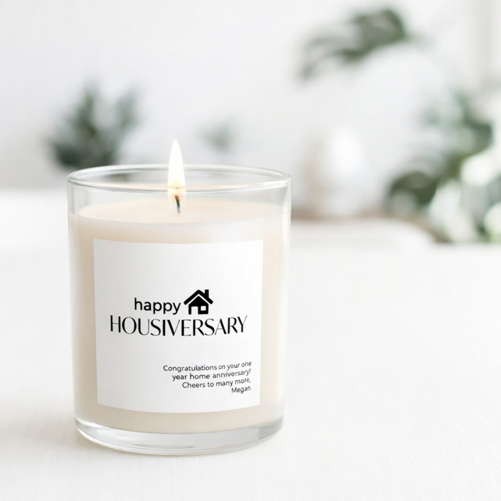 Home Anniversary Gift Happy Housiversary Candle featuring a clear glass candle with personalized label.