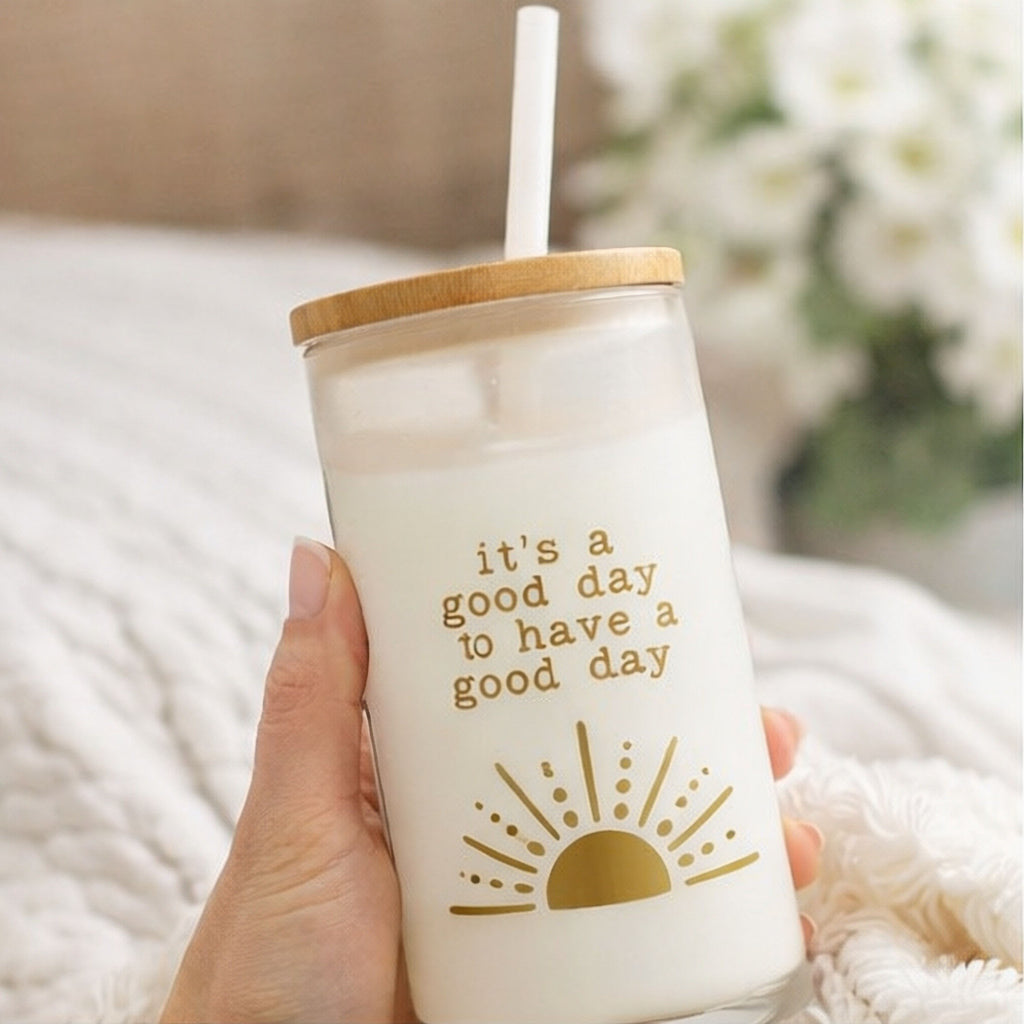 it's a good day to have a good day cup with bamboo lid straw in a cozy setting