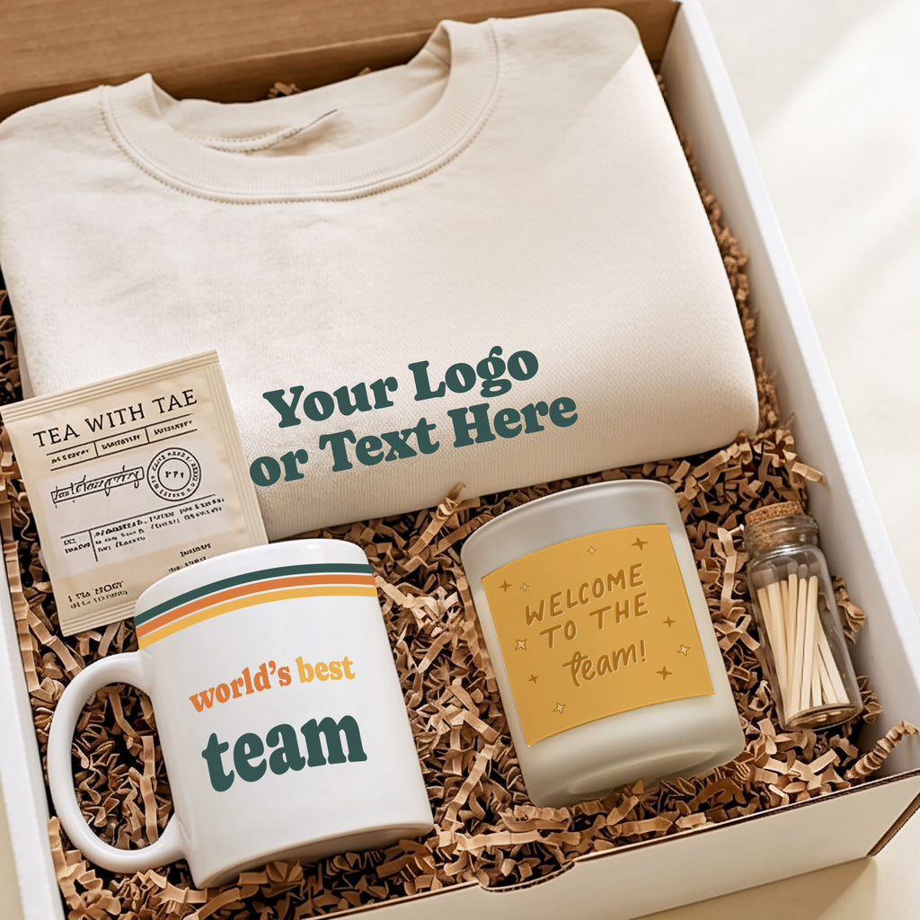 Welcome to the Team Gift Box + Logo Sweatshirt with mug and candle, perfect for new hires.