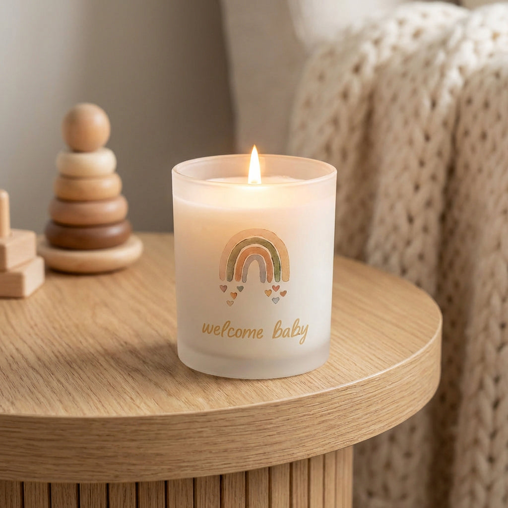 New Baby Gift Box – New Mom Gift Box - Baby Boy Gift Box candle with rainbow design on wooden table.