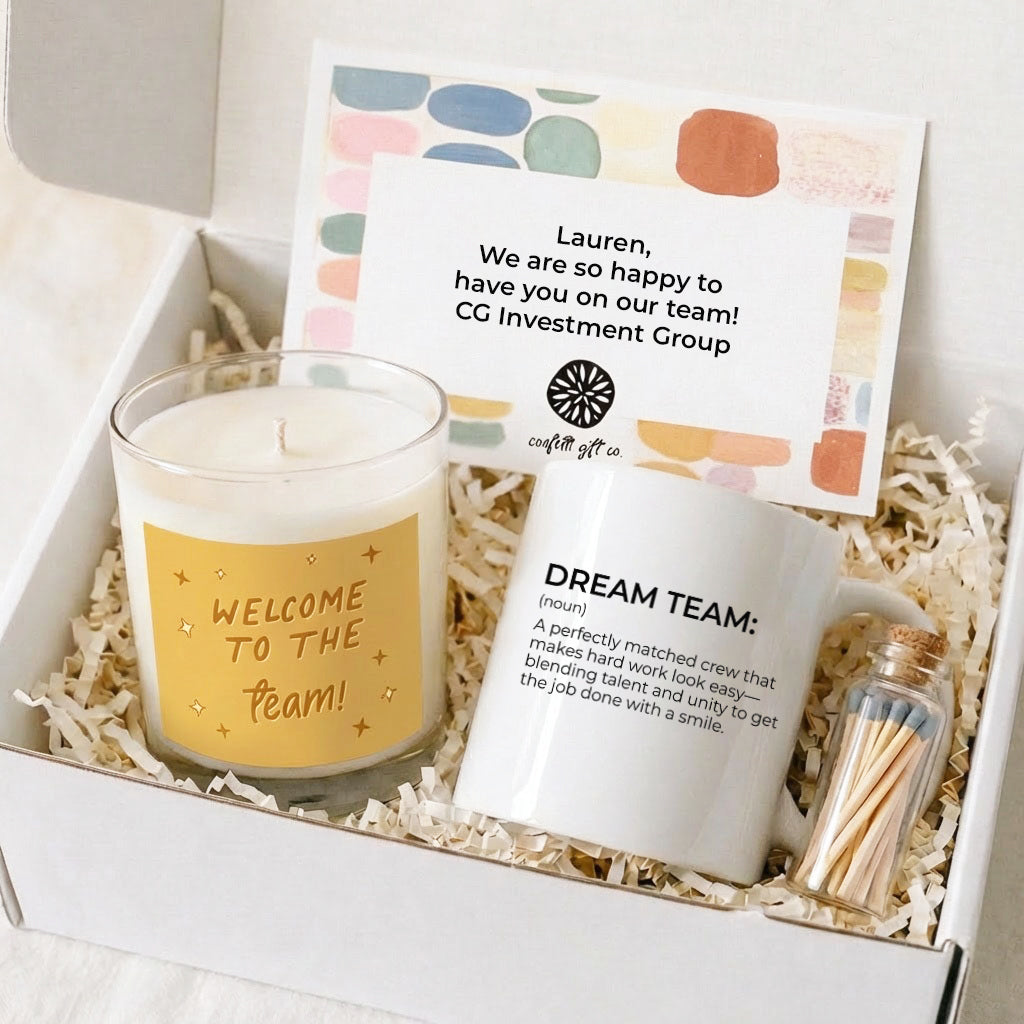Welcome to the Team Gift Box | Candle + Dream Team Mug with candle, mug, and personalized note in gift box.
