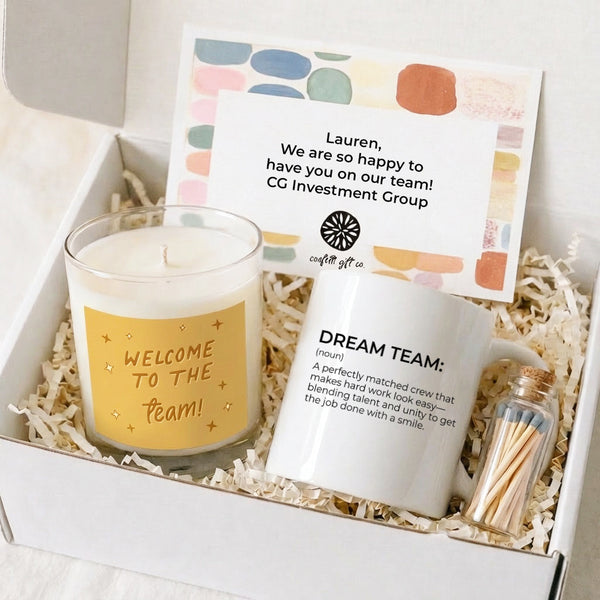 Welcome to the Team Gift Box | Candle + Dream Team Mug with candle, mug, and personalized note in gift box.